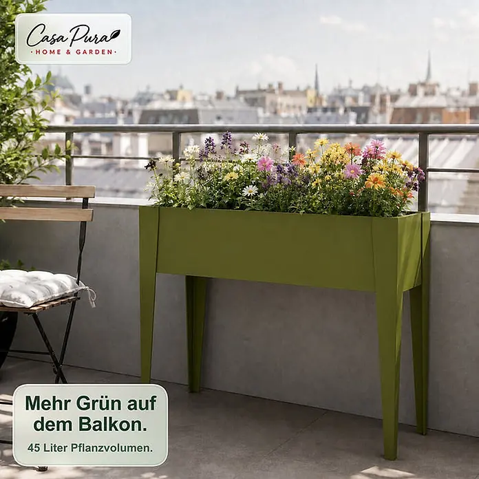 Floordirekt Hochbeet Timo Grün 100 x 30 x 80 cm - 30 x 100 x 80 cm, Metall, Grün - Olivgrünes Hochbeet mit bunten Blumen auf einem Balkon, bietet 45 Liter Pflanzvolumen.