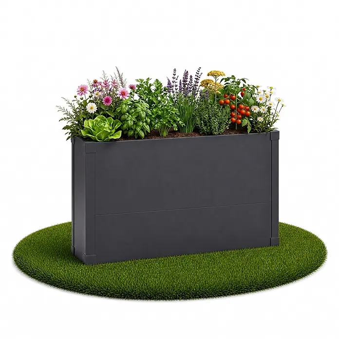 Floordirekt Hochbeet Andros 100 x 25 x 77 cm - 25 x 100 x 77 cm, Metall, Anthrazit - Dunkelgraues Hochbeet mit verschiedenen Pflanzen, Kräutern und Blumen, auf einem Kunstrasenmatte präsentiert.