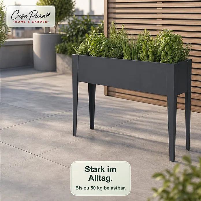 Floordirekt Hochbeet Timo Anthrazit 100 x 30 x 80 cm - 30 x 100 x 80 cm, Metall, Anthrazit - Dunkelgraues Pflanzgefäß mit Beinen, gefüllt mit grünen Kräutern, auf einer gefliesten Terrasse.
