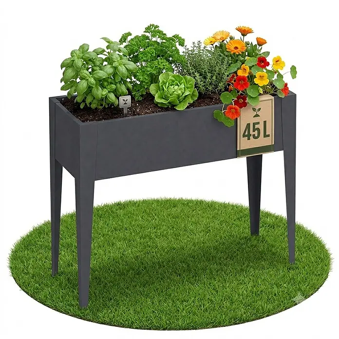 Floordirekt Hochbeet Timo Anthrazit 100 x 30 x 80 cm - 30 x 100 x 80 cm, Metall, Anthrazit - Dunkelgraues Hochbeet mit Pflanzen wie Basilikum, Petersilie, Salat und bunten Blumen.
