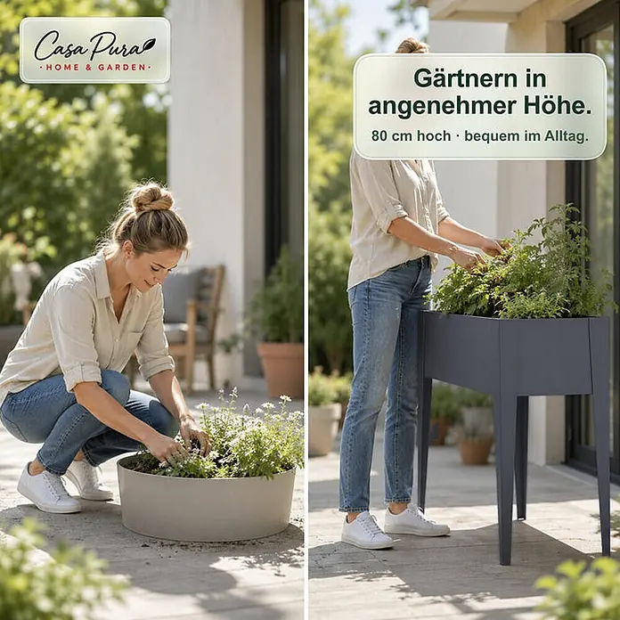 Floordirekt Hochbeet Timo Anthrazit 100 x 30 x 80 cm - 30 x 100 x 80 cm, Metall, Anthrazit - Dunkelgraues 80 cm hohes Hochbeet für bequemes Gärtnern im Stehen. Eine Frau pflegt Pflanzen darin.