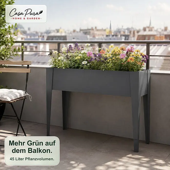 Floordirekt Hochbeet Timo Anthrazit 100 x 30 x 80 cm - 30 x 100 x 80 cm, Metall, Anthrazit - Dunkelgraues Hochbeet auf einem Balkon, befüllt mit bunten Blumen.