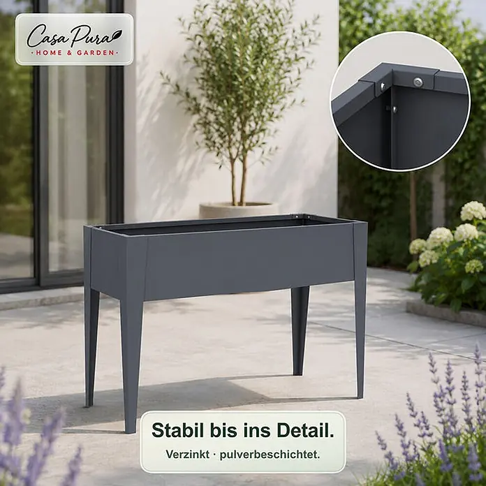 Floordirekt Hochbeet Timo Anthrazit 100 x 30 x 80 cm - 30 x 100 x 80 cm, Metall, Anthrazit - Dunkelgraues verzinktes und pulverbeschichtetes Hochbeet aus Metall mit verschraubten Ecken auf einer Terrasse.