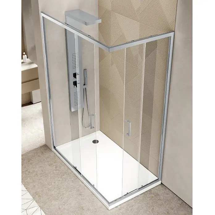 FRASCIO New Tecnology Eckdusche 65 x 70 cm - Verchromt, Chrom, Stärke: 6 mm - Moderne Eckduschkabine mit Klarglas, Chromrahmen, weißer Duschwanne und Schiebetüren.