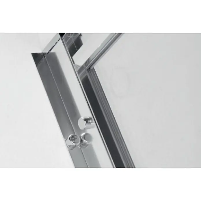 FRASCIO New Tecnology Eckdusche 65 x 70 cm - Verchromt, Chrom, Stärke: 6 mm - Detail einer Duschkabine mit glänzendem Metallrahmen und Klarglasplatte, mit Scharnier/Drehmechanismus und zwei runden Elementen.