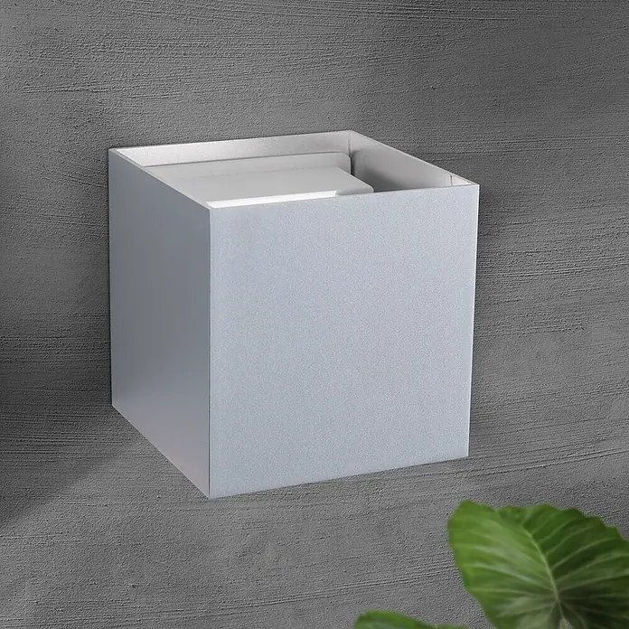 Orion Leuchten LED-Außenwandleuchte Cube - 6 W, 10 x 10 x 10 cm, Silber, Klar, IP54 - Kubische, hellgraue Außenwandleuchte mit offenem Oberteil.