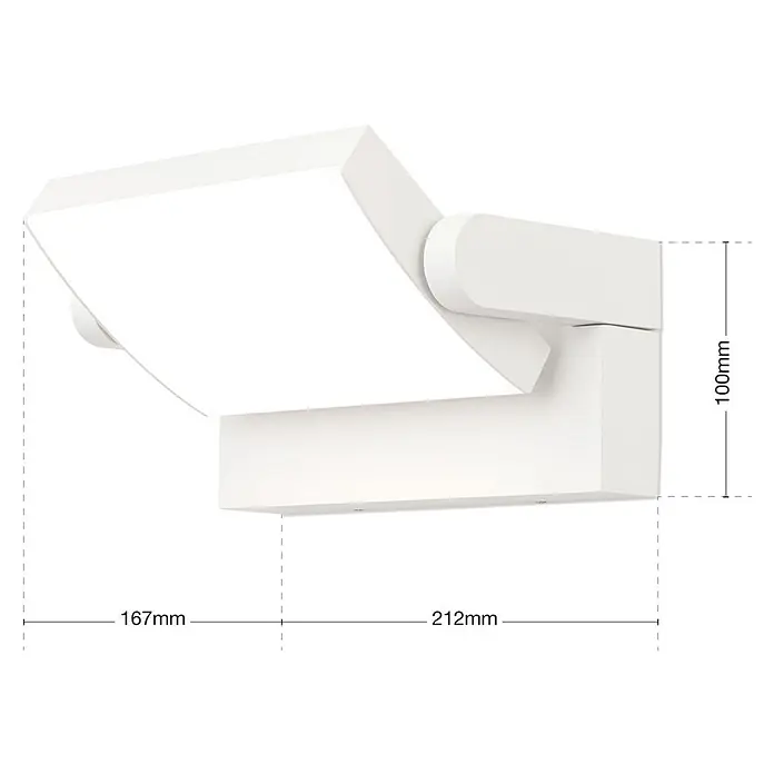 Orion Leuchten LED-Außenwandleuchte Ginger - 21 W, 16 x 21 x 10 cm, Weiß, Opal, IP54 - Weiße, verstellbare LED-Wandleuchte, schlankes rechteckiges Design mit integriertem Lichtpanel. Maße dargestellt.