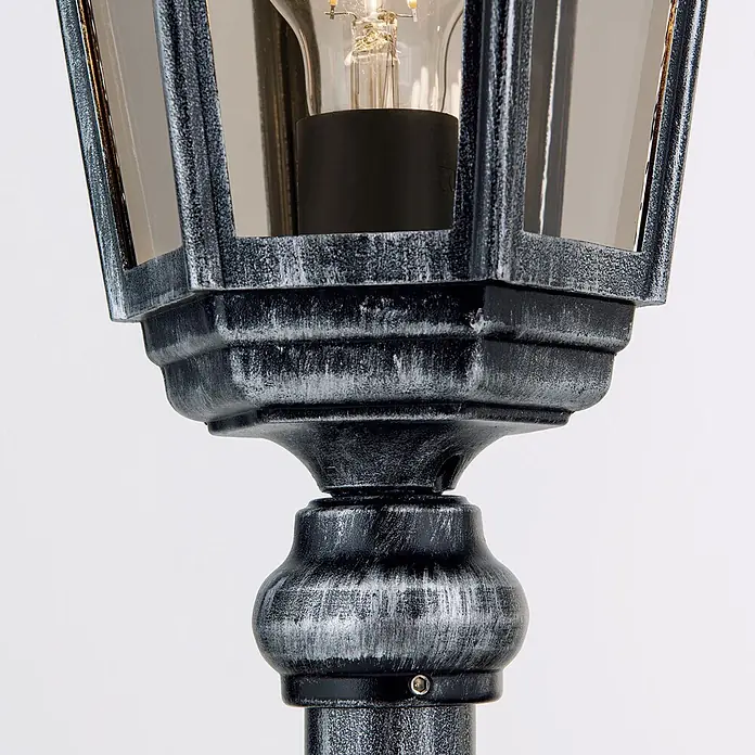 Orion Leuchten Außenlaterne Hermine H 116 cm -  - Verwitterte silbergraue Außenlaternenlampe mit Klarglasscheiben und sichtbarer Glühbirne.