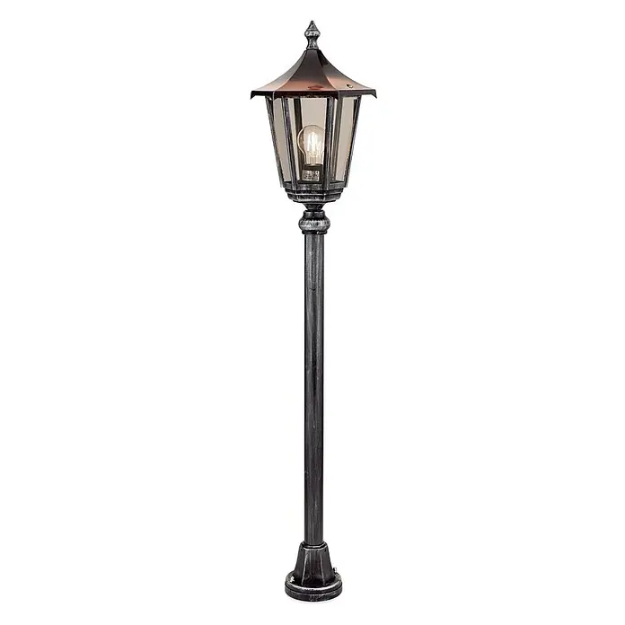 Orion Leuchten Außenlaterne Hermine H 116 cm -  - Traditionelle Gartenlaterne aus dunklem Metall mit silbernen Akzenten, kupferfarbenem Dach und sichtbarer Glühbirne.