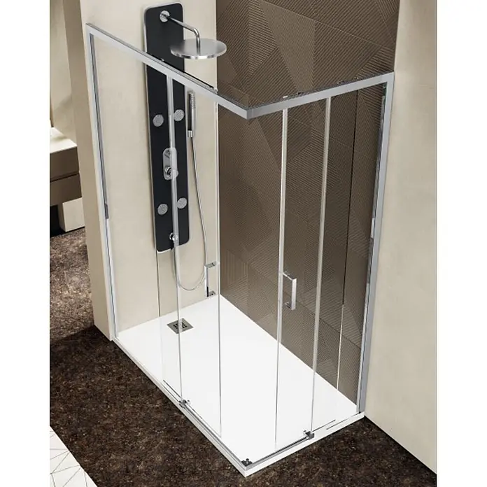 FRASCIO New Tecnology Eckdusche 75 x 70 cm - Verchromt, Chrom, Stärke: 6 mm - Eckduschkabine mit Klarglaswänden, silbernen Rahmen, weißer Duschwanne und schwarzem Duschpaneel mit Kopfbrause, in gefliestem Bad installiert.