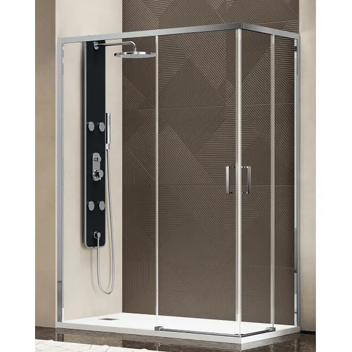 FRASCIO New Tecnology Eckdusche 75 x 70 cm - Verchromt, Chrom, Stärke: 6 mm - Duschkabine aus Glas mit Chromrahmen, schwarzem Duschpaneel, Kopf- und Handbrause, auf einer weißen Duschwanne.