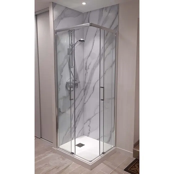 FRASCIO New Tecnology Eckdusche 75 x 70 cm - Verchromt, Chrom, Stärke: 6 mm - Moderne Duschkabine mit Klarglas, Chromrahmen, weißer Wanne und Marmoroptik-Rückwänden.