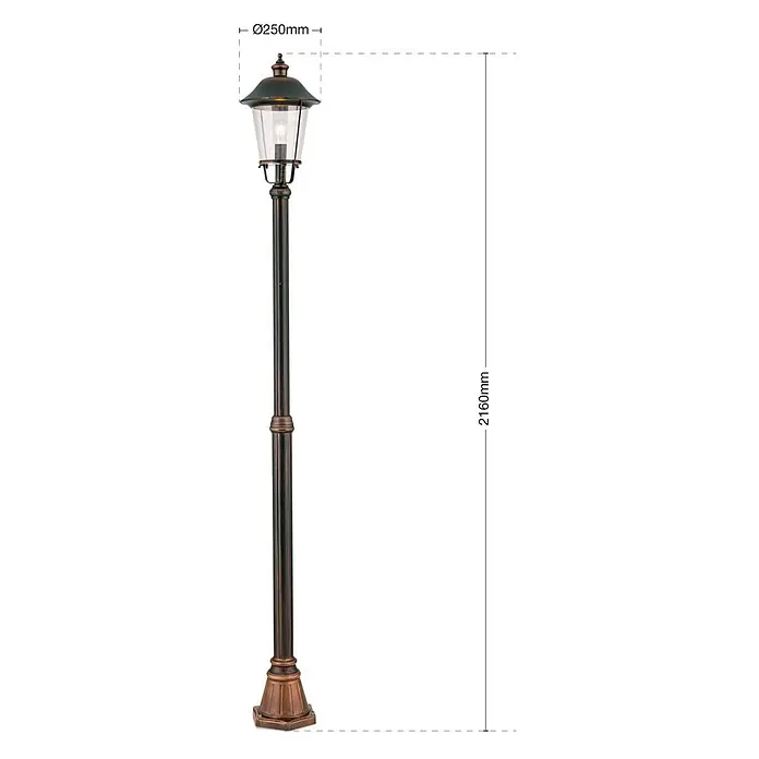 Orion Leuchten Außenlaterne Kenzo - 60 W, Farbe Gehäuse: Kupfer, 25 x 25 x 216 cm, Ohne Leuchtmittel - Hohe, klassische Außenlaterne in antikem Bronze-Finish mit Klarglaslaterne, Gesamthöhe 2160mm.