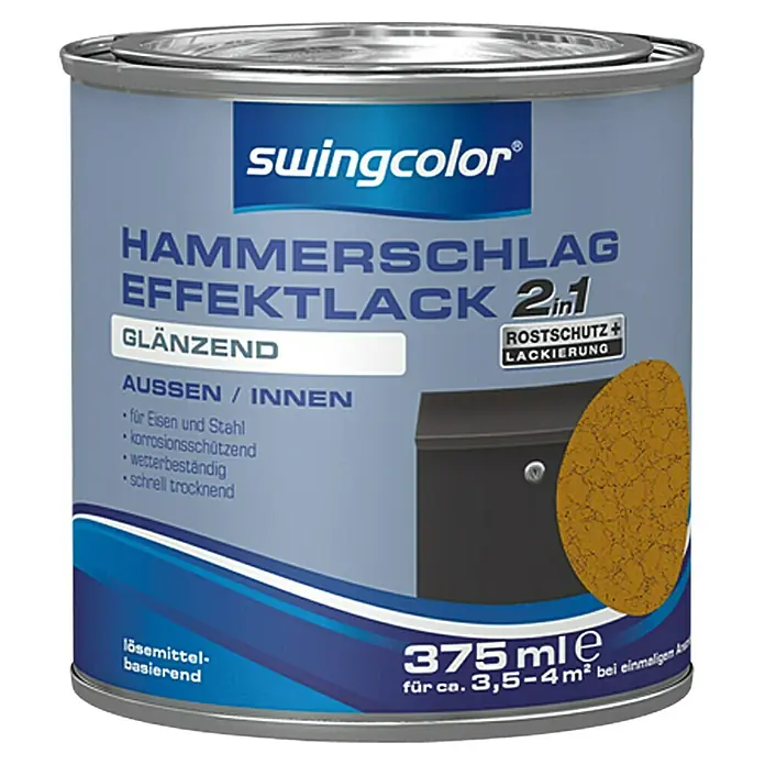 swingcolor Effektlack - Kupfer, Glänzend, 375 ml, Lösemittelbasiert - Dose Hammerschlag Effektlack 2in1 von Swingcolor, glänzend, für Eisen und Stahl, korrosionsschützend und wetterbeständig.