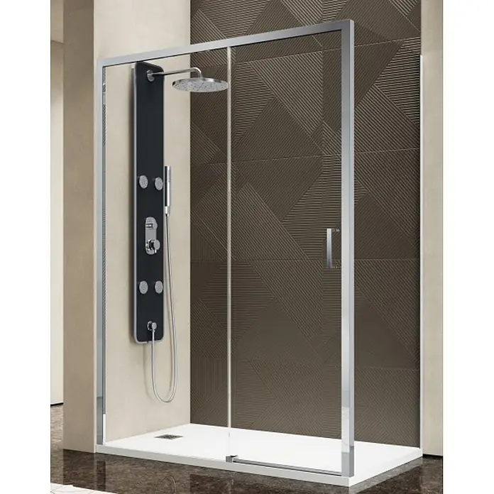 FRASCIO New Tecnology Eckdusche 75 x 100 cm - Verchromt, Chrom, Stärke: 6 mm - Moderne Glasduschkabine mit Chromrahmen, weißer Wanne und schwarzem Multifunktions-Duschpaneel in einem Bad.