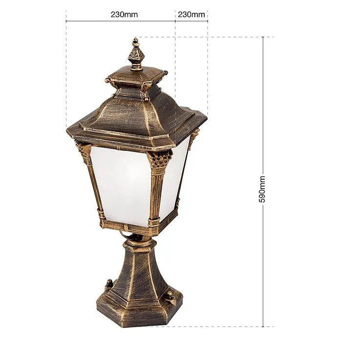 Orion Leuchten Außenlaterne Aiko - 60 W, Farbe Gehäuse: Bronze, 23 x 23 x 59 cm, Ohne Leuchtmittel - Klassische, verzierte Außenstandleuchte aus Antikbronze mit mattiertem Glas, 230x230x590mm.