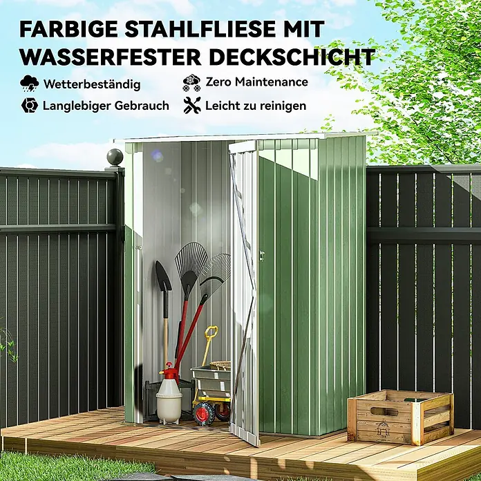 Outsunny Gerätehaus - Außenbreite inkl. Dachüberstand: 142 cm, Außentiefe inkl. Dachüberstand: 86 cm, Stahl, Grün