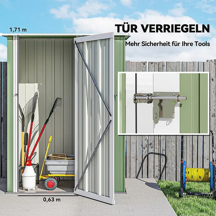 Outsunny Gerätehaus - Außenbreite inkl. Dachüberstand: 142 cm, Außentiefe inkl. Dachüberstand: 86 cm, Stahl, Grün