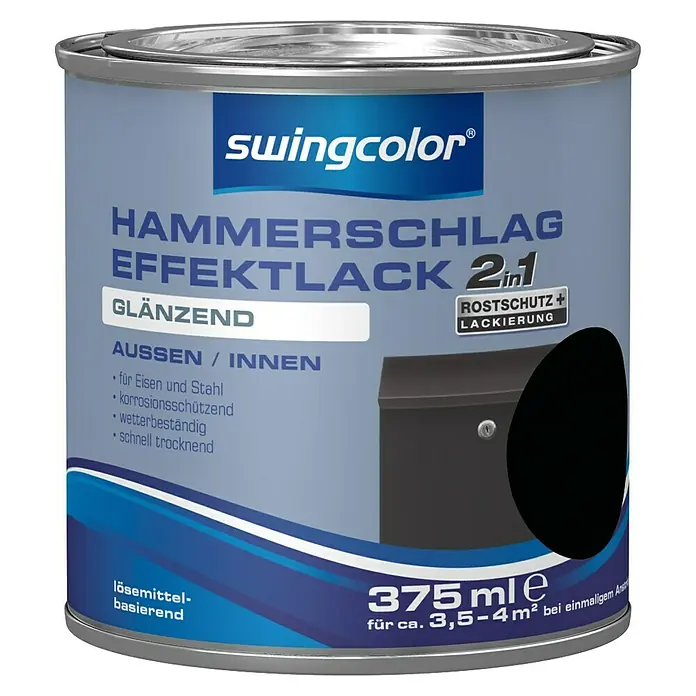 swingcolor Effektlack - Schwarz, Glänzend, 375 ml, Lösemittelbasiert - Farbdose Swingcolor Hammerschlag Effektlack 2in1 glänzend. Für Eisen und Stahl, korrosionsschützend und schnell trocknend, lösemittelbasierend.