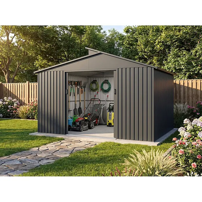 StarLine Metall Gerätehaus Viva 13,36 m² - Außenbreite inkl. Dachüberstand: 347 cm, Außentiefe inkl. Dachüberstand: 385 cm, Metall, Anthrazit - Dunkelgrauer Metall-Gartenschuppen in einem grünen Garten, mit Rasenmäher und Gartengeräten. Ideal für die Aufbewahrung im Freien.