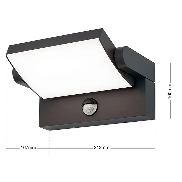 Orion Leuchten LED-Sensor-Außenwandleuchte Ginger - 21 W, L x B x H: 16 x 21 x 10 cm, Anthrazit, Opal, Warmweiß - Anthrazitfarbene LED-Außenwandleuchte mit verstellbarem Kopf, integriertem Bewegungssensor und weißem Diffusor.