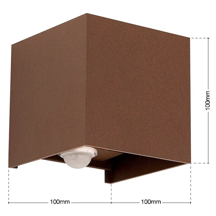 Orion Leuchten LED-Sensor-Außenwandleuchte Cube - 13 W, L x B x H: 10 x 10 x 10 cm, Corten, Klar, Warmweiß - Quadratische bronzefarbene Wandleuchte mit strukturierter Oberfläche und Bewegungssensor, 100mm Kantenlänge.
