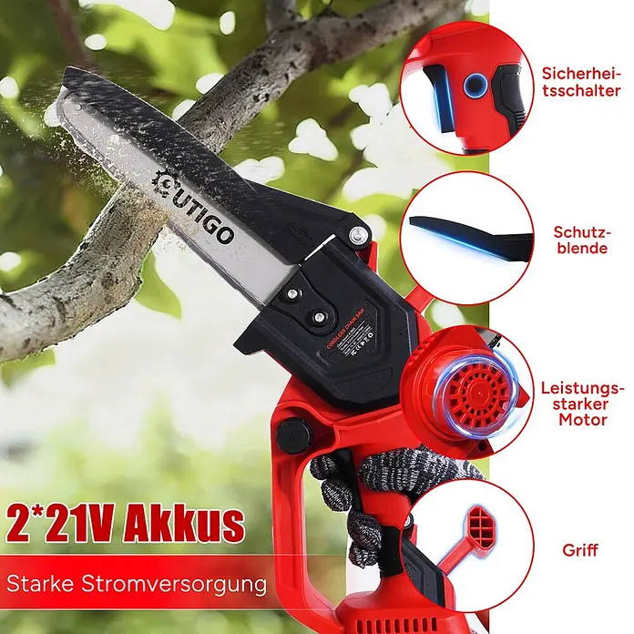 OUTIGO Akku-Kettensägen-Set - 21 V, 4 Ah, Anzahl Akkus: 2 Akkus, Schwertlänge: 15 cm
