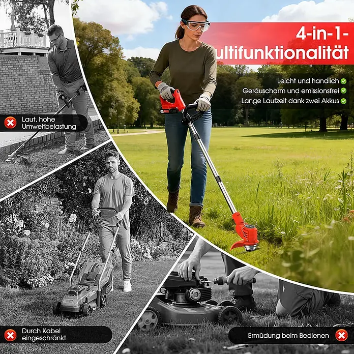 OUTIGO Akku-Rasentrimmer - 1,5 Ah, Li-Ionen, 2 Akkus, Schnittbreite Messer: 23 cm, Schnittbreite Faden: 23 cm