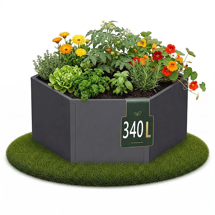 Floordirekt Hochbeet Rosia 100 x 87 x 52 cm - 87 x 100,4 x 52 cm, Metall, Anthrazit - Dunkelgraues sechseckiges Hochbeet mit verschiedenen Pflanzen und einem 340 L Etikett auf rundem Gras.