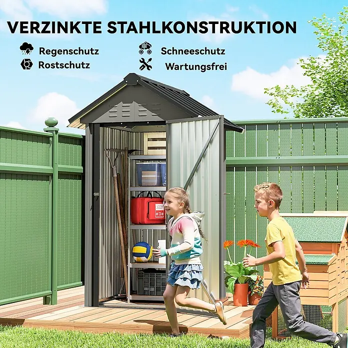 Outsunny Gerätehaus - Außenbreite inkl. Dachüberstand: 122 cm, Außentiefe inkl. Dachüberstand: 121 cm, Stahl, Hellgrau