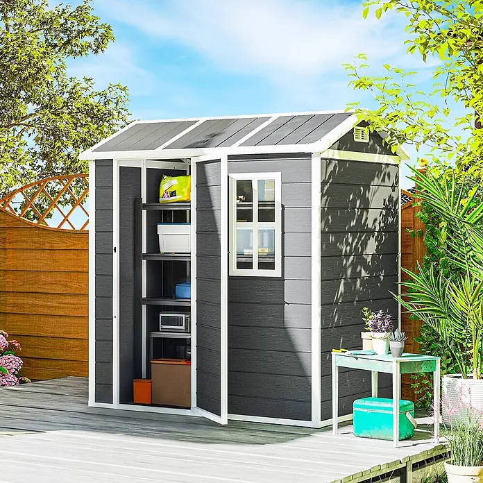 Outsunny Gerätehaus - Außenbreite inkl. Dachüberstand: 186 cm, Außentiefe inkl. Dachüberstand: 130 cm, Kunststoff, Grau