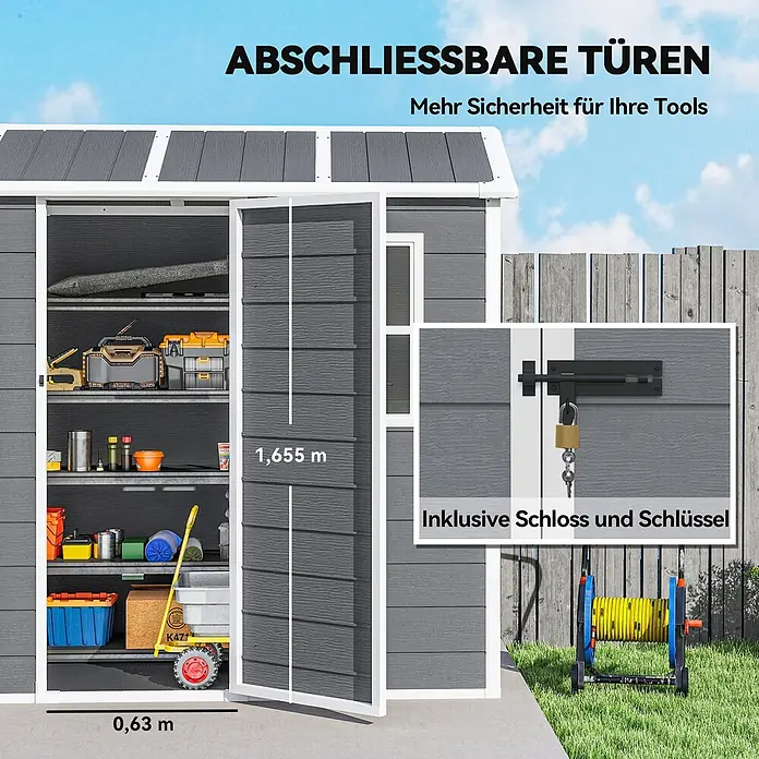 Outsunny Gerätehaus - Außenbreite inkl. Dachüberstand: 186 cm, Außentiefe inkl. Dachüberstand: 130 cm, Kunststoff, Grau