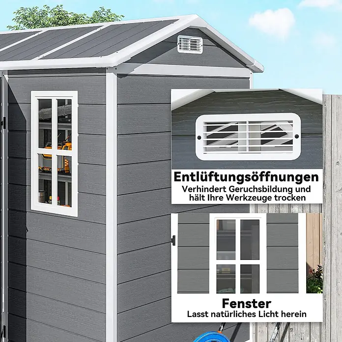 Outsunny Gerätehaus - Außenbreite inkl. Dachüberstand: 186 cm, Außentiefe inkl. Dachüberstand: 130 cm, Kunststoff, Grau