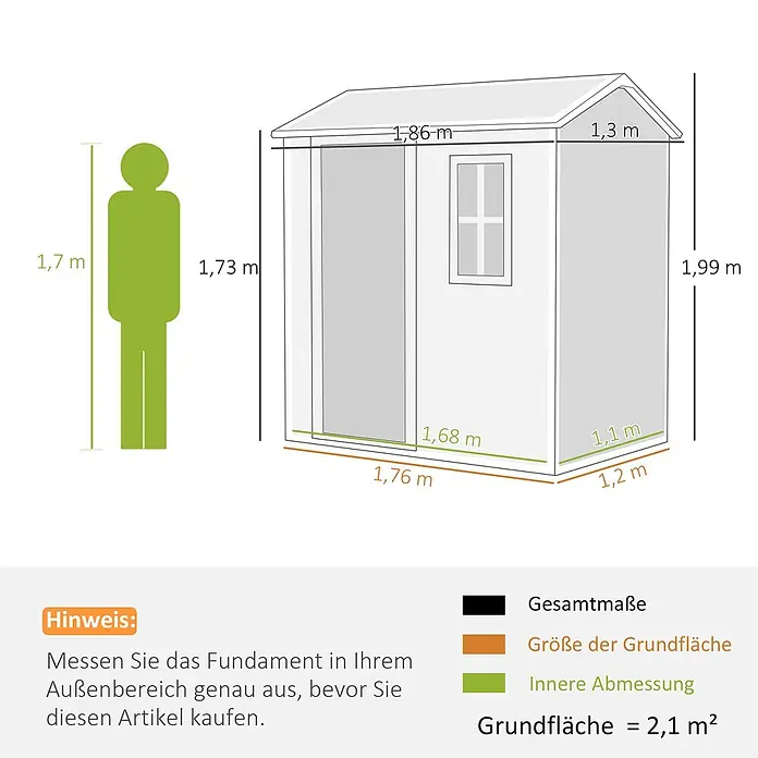 Outsunny Gerätehaus - Außenbreite inkl. Dachüberstand: 186 cm, Außentiefe inkl. Dachüberstand: 130 cm, Kunststoff, Grau