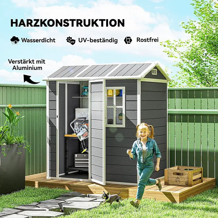 Outsunny Gerätehaus - Außenbreite inkl. Dachüberstand: 186 cm, Außentiefe inkl. Dachüberstand: 130 cm, Kunststoff, Grau