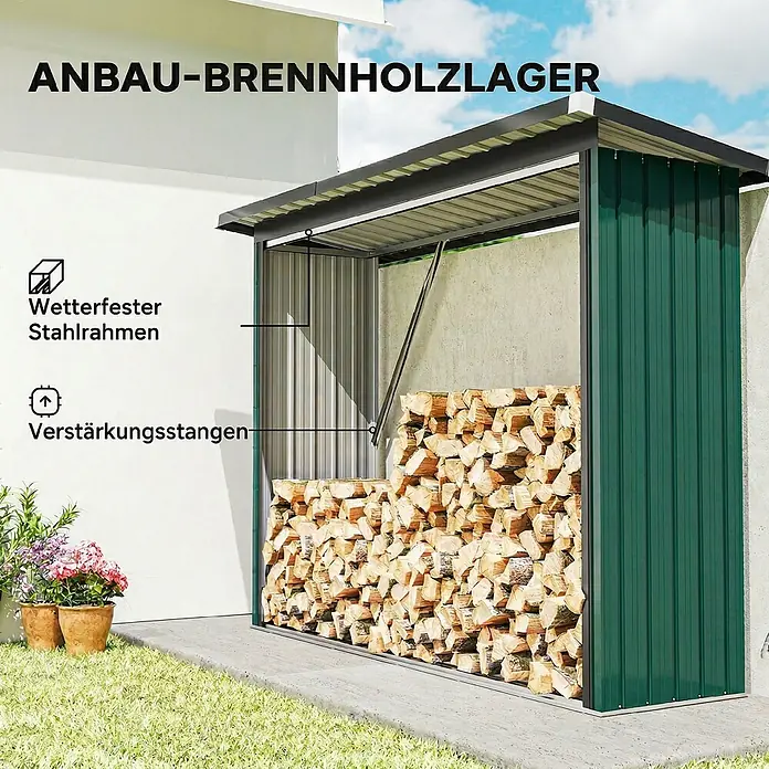 Outsunny Kaminholzregal - 213 x 66,5 x 150 cm, Stahl, Grün