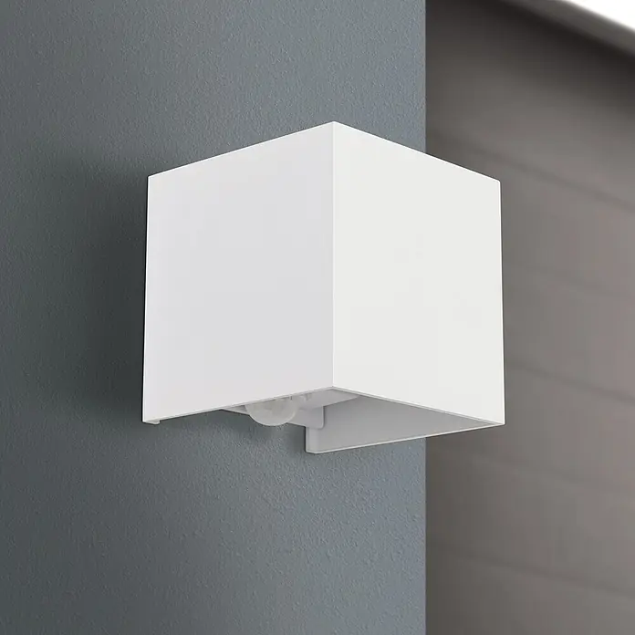 Orion Leuchten LED-Sensor-Außenwandleuchte Cube - 13 W, L x B x H: 10 x 10 x 10 cm, Weiß, Klar, Warmweiß - Weiße kubische Außenwandleuchte mit integriertem Bewegungsmelder.