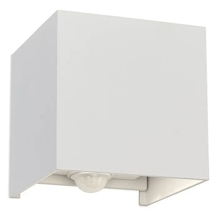 Orion Leuchten LED-Sensor-Außenwandleuchte Cube - 13 W, L x B x H: 10 x 10 x 10 cm, Weiß, Klar, Warmweiß - Weiße, würfelförmige Außenwandleuchte mit integriertem Bewegungssensor unten.
