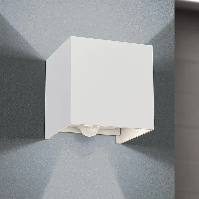 Orion Leuchten LED-Sensor-Außenwandleuchte Cube - 13 W, L x B x H: 10 x 10 x 10 cm, Weiß, Klar, Warmweiß - Weißes, quadratisches Wandlicht mit integriertem Bewegungssensor.