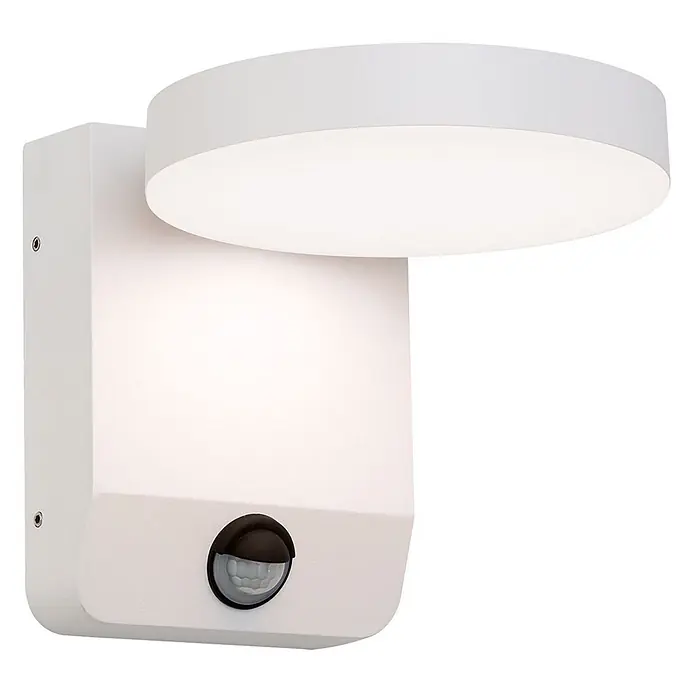 Orion Leuchten LED-Sensor-Außenwandleuchte Hendryk - 21 W, L x B x H: 20 x 12 x 16 cm, Weiß, Opal, Warmweiß - Weiße Wand-LED-Leuchte mit rundem Diffusor und integriertem Bewegungsmelder.