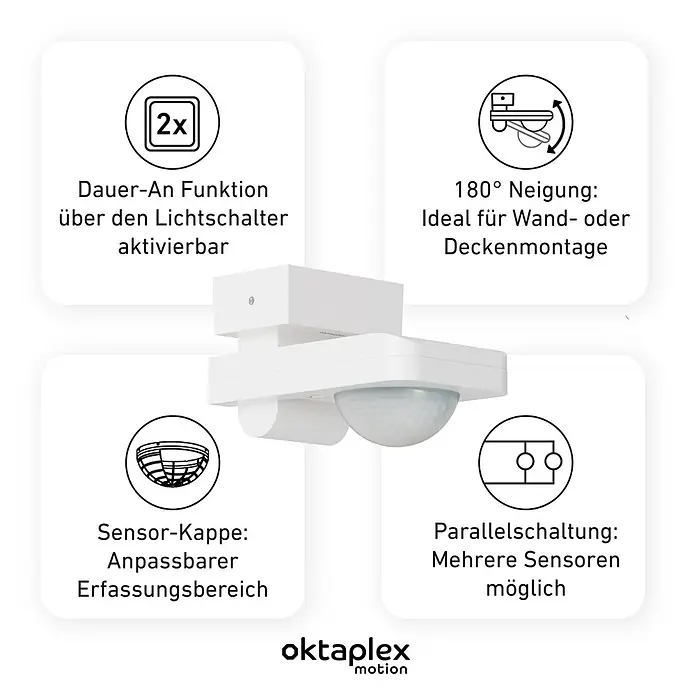Oktaplex Motion Bewegungsmelder Tea - Reichweite Sensor: 9 m, Weiß, Erfassungswinkel Sensor: 360 °, L x B x H: 174 x 87 x 66 mm