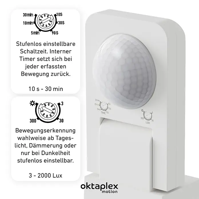 Oktaplex Motion Bewegungsmelder Tea - Reichweite Sensor: 9 m, Weiß, Erfassungswinkel Sensor: 360 °, L x B x H: 174 x 87 x 66 mm