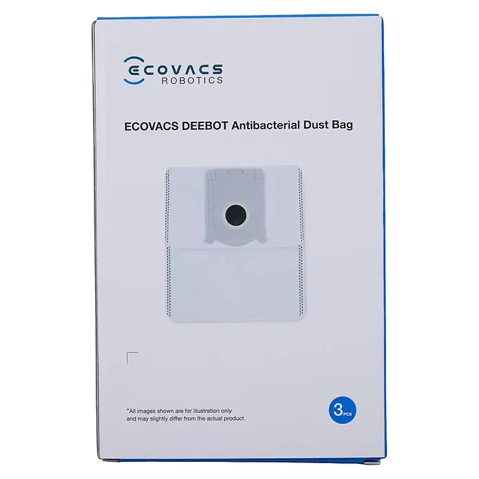 Ecovacs Staubbeutel T30E - Material: Vlies - Weiße Box mit Ecovacs Deebot antibakteriellen Staubbeuteln, zeigt einen weiß/grauen Staubbeutel. Enthält 3 Stück.