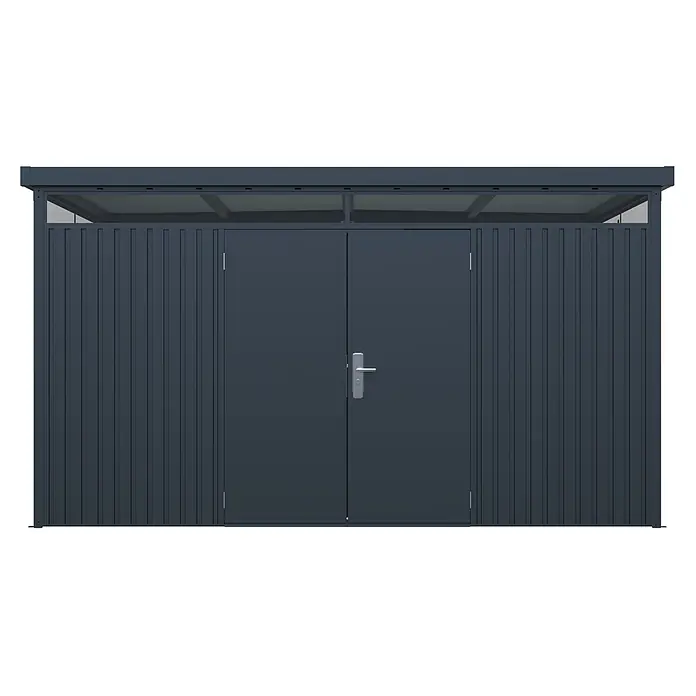 StarLine Metall Gerätehaus Solidum 11,4 m² - Außenbreite inkl. Dachüberstand: 394 cm, Außentiefe inkl. Dachüberstand: 314 cm, Metall, Anthrazit RAL 7016 - Dunkelgrauer Metallgeräteschuppen mit Doppeltüren und oberen lichtdurchlässigen Paneelen.