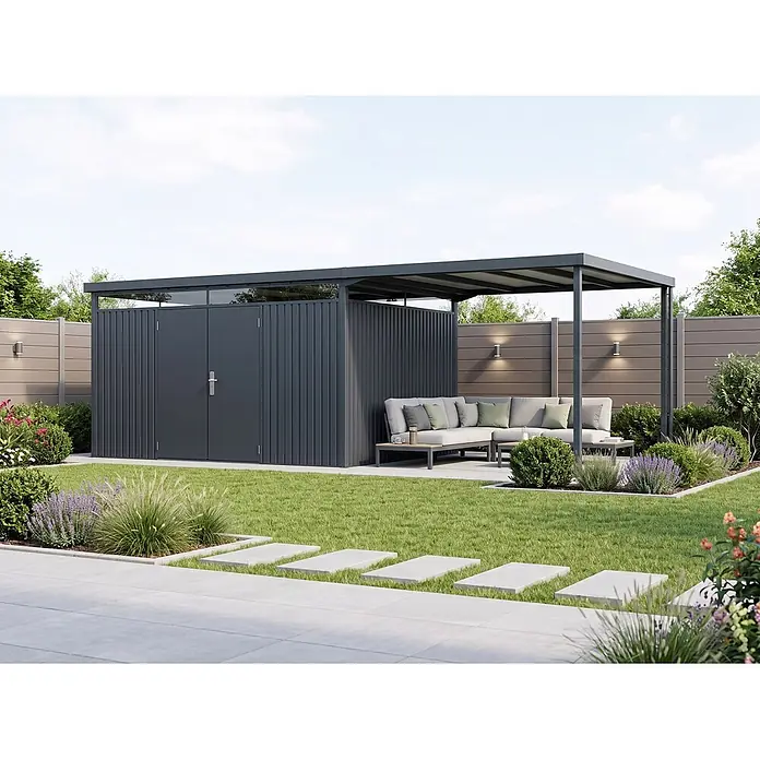 StarLine Metall Gerätehaus Solidum 19,60 m² - Außenbreite inkl. Dachüberstand: 668 cm, Außentiefe inkl. Dachüberstand: 314 cm, Metall, Anthrazit RAL 7016