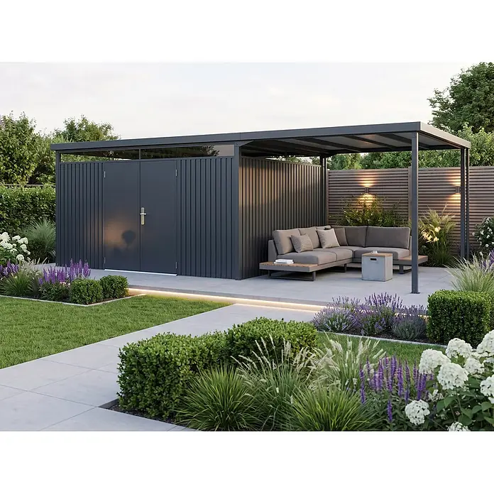 StarLine Metall Gerätehaus Solidum 19,60 m² - Außenbreite inkl. Dachüberstand: 668 cm, Außentiefe inkl. Dachüberstand: 314 cm, Metall, Anthrazit RAL 7016