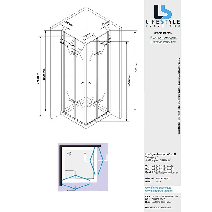 Glaszentrum Hagen Eckdusche Glaszentrum Hagen 80x80x180 cm Hera Eck Duschkabine - 80 x 80 x 195 cm, Imprägniert, Farblos, Stärke: 8 mm