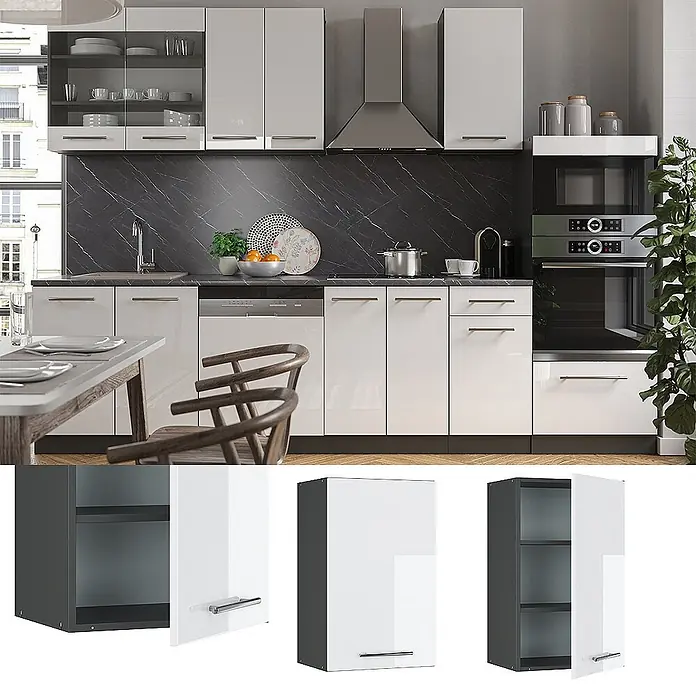 Vicco Schrankküche Fame-Line Weiß Hochglanz - Weiß Hochglanz, Hängeschrank 45 cm
