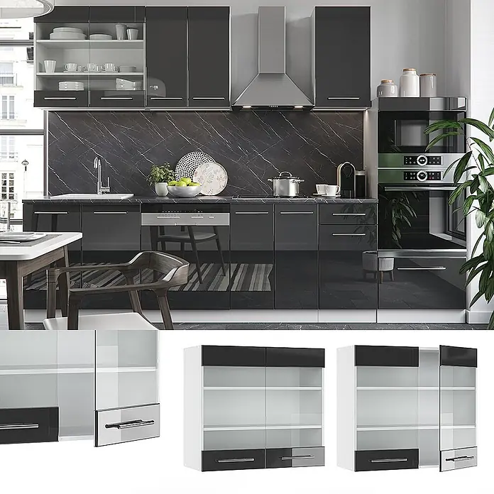 Vicco Schrankküche Fame-Line Anthrazit Hochglanz - Anthrazit Hochglanz, Hängeglasschrank 80 cm