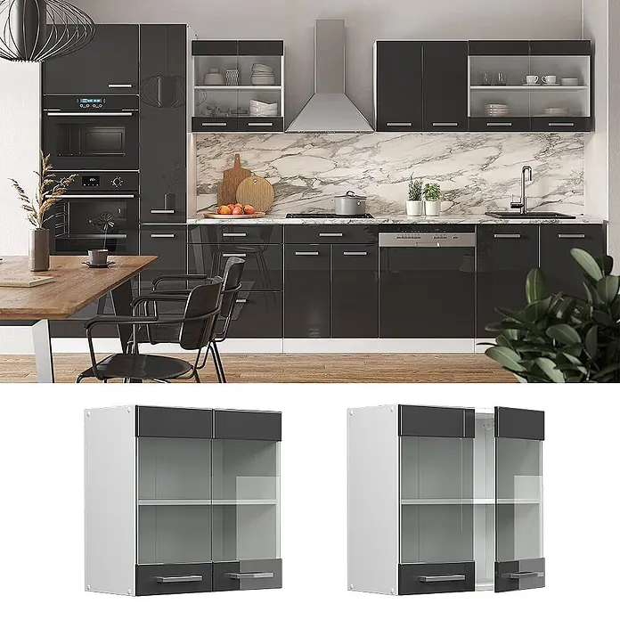 Vicco Schrankküche R-Line Anthrazit Hochglanz - Anthrazit Hochglanz, Hängeglasschrank 60 cm - Dunkelgraue Hängeschrank-Vitrine mit Glastüren und hellem Innenraum.